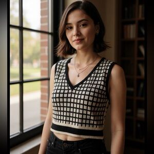 ROMWE Black Ivory Off White Cropped Sweater Vest Small 4